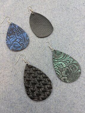 Teardrop Earrings Single Lot of 4 Embossed Iridescent Leather Blue Black Green